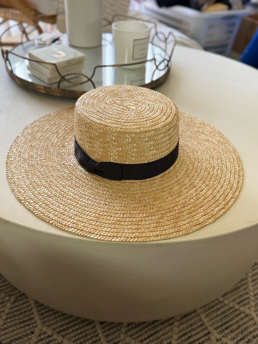 Lack Of Color Natural Straw Boater Hat with Black Band